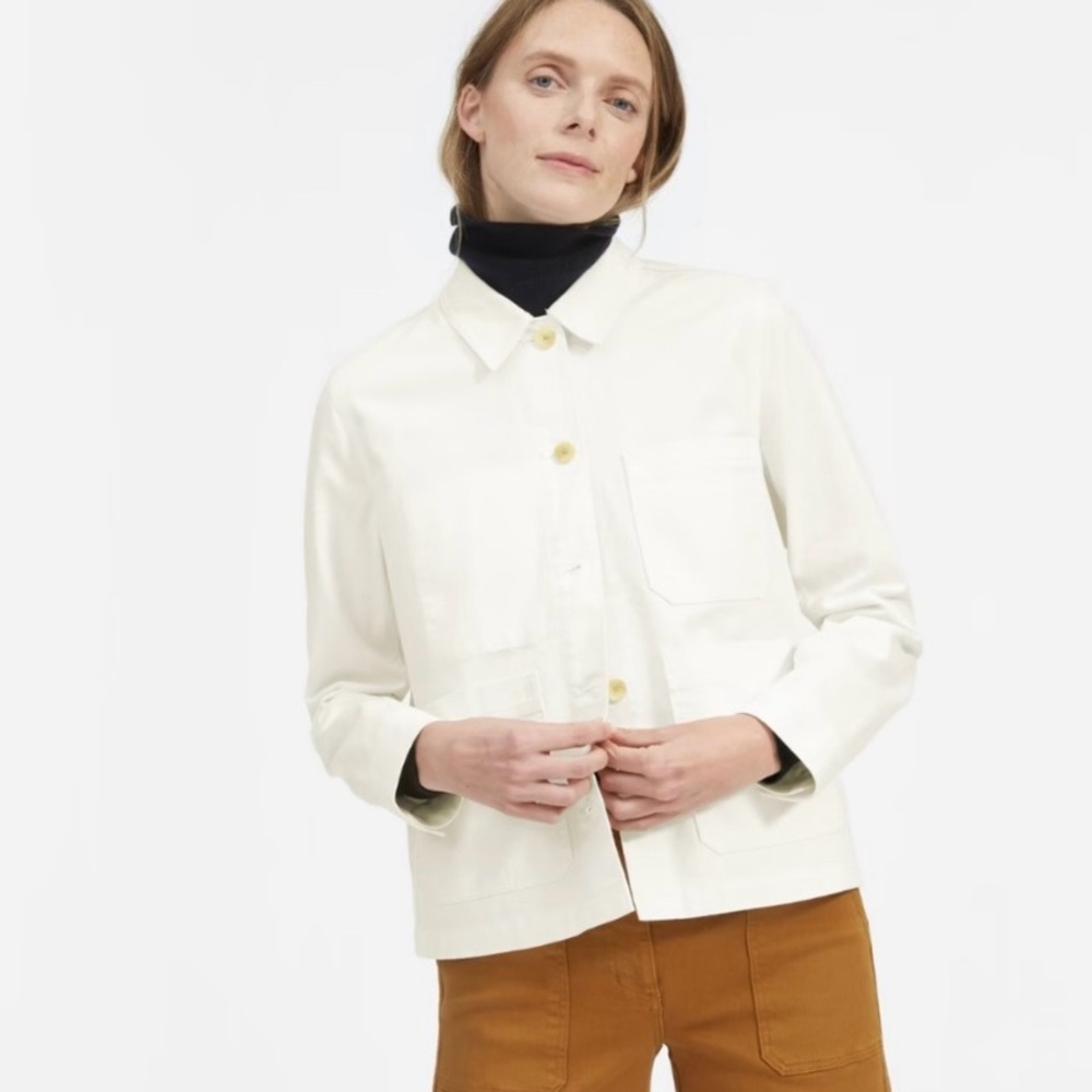 Everlane women's chore jacket, offwhite cotton canvas, size L, patch pockets.